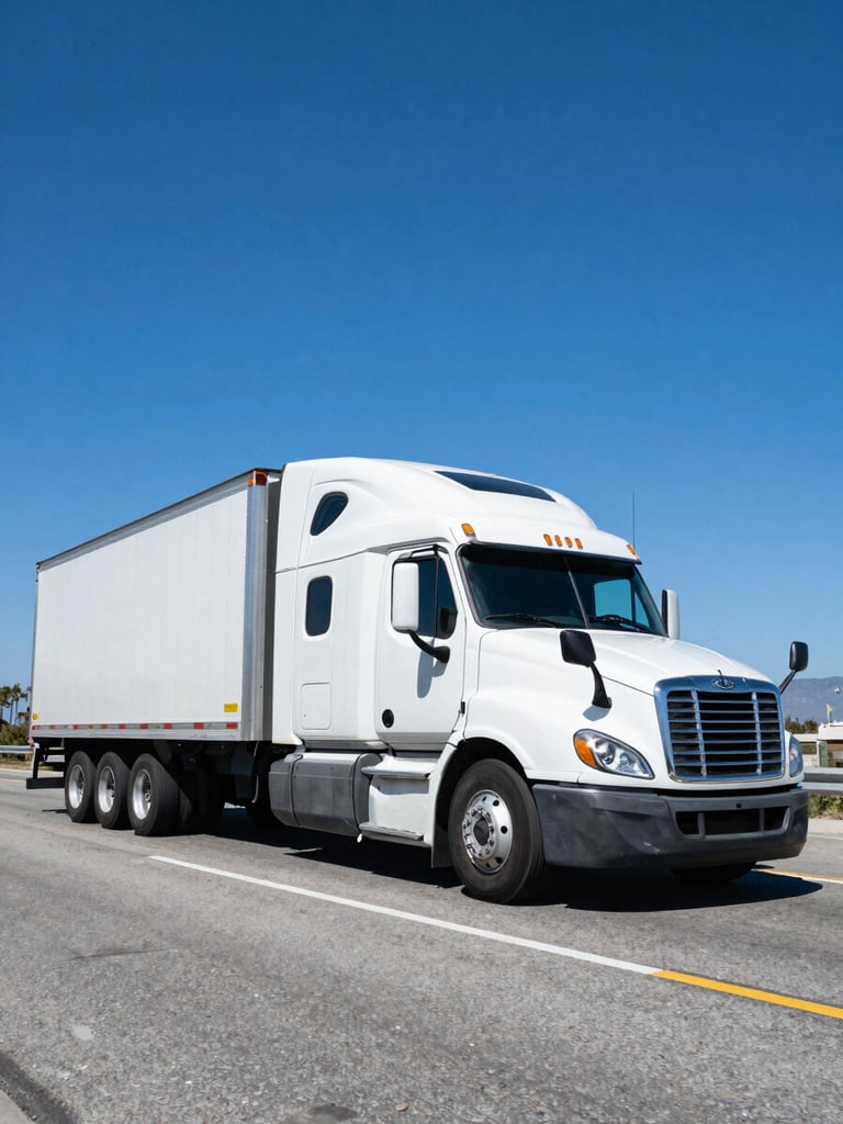 Dynamic low-angle shot of a pristine white semi-truck driving on a sun-drenched Southern California highway, bright crisp daylight, deep blue sky, sharp focus, high-contrast commercial photography.
