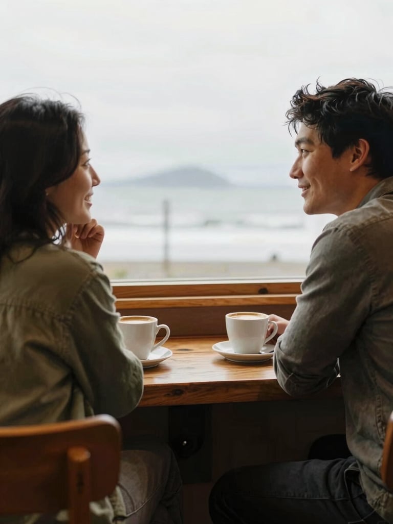 Soft warm Pacific Northwest overcast daylight, a candid medium-close shot of two people talking over coffee in a warm, wood-toned room.