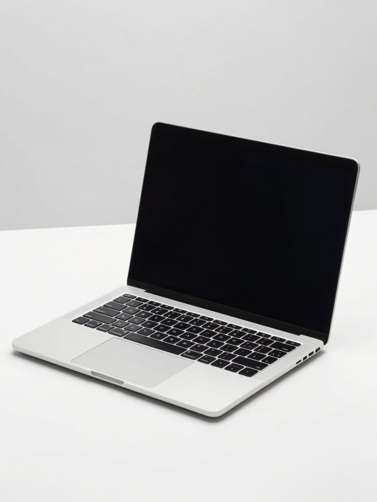 Modern silver laptop open on a clean desk, bright high-key studio lighting, isolated on light gray backdrop, crisp sharp focus