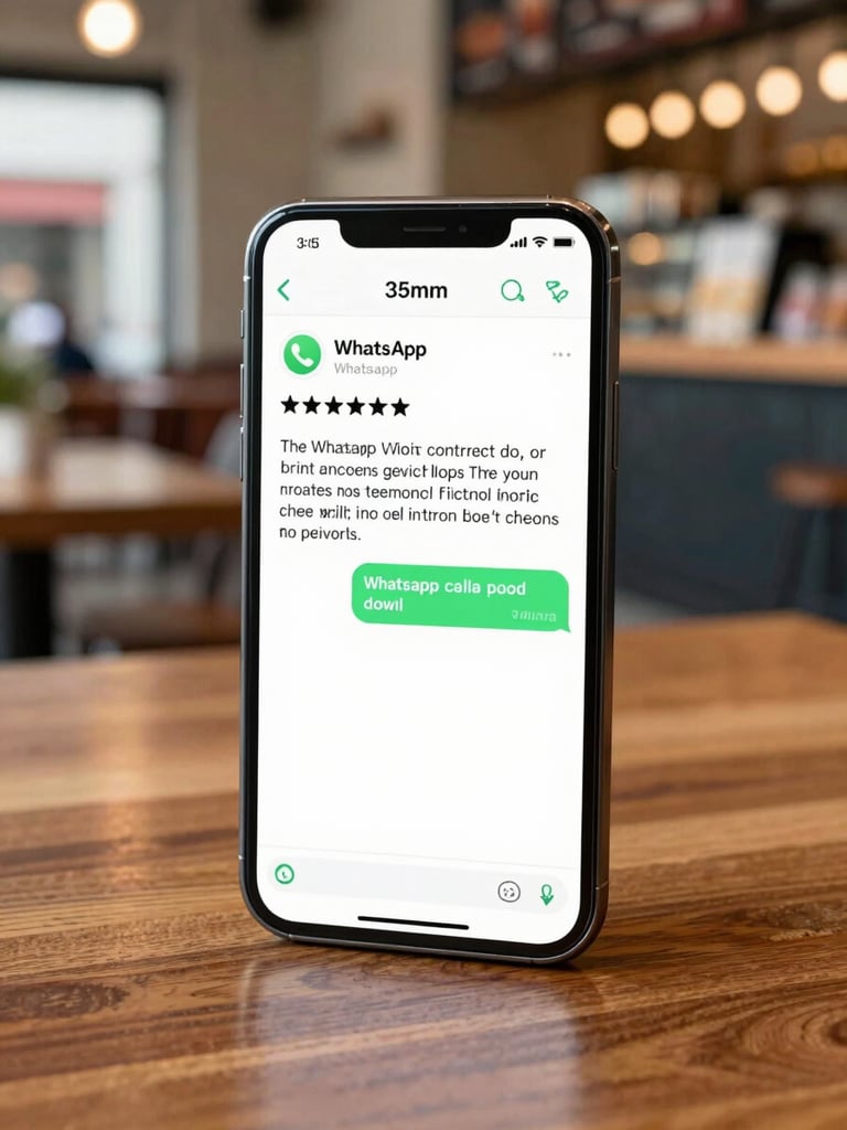 A smartphone displaying a clean, polite WhatsApp review request resting on a wooden restaurant table, soft natural lighting, 35mm.