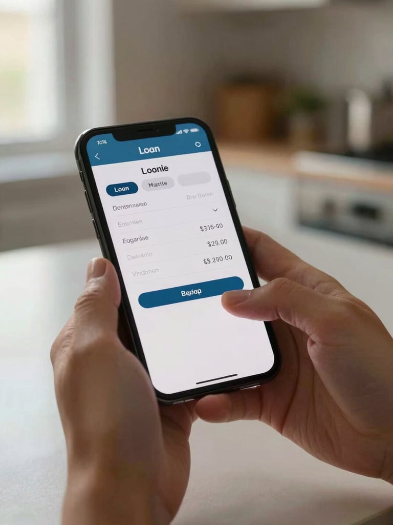 Close-up of hands holding a smartphone displaying a loan quote screen, natural window light from the left, shallow depth-of-field on the screen, warm off-white kitchen surface blurred in background