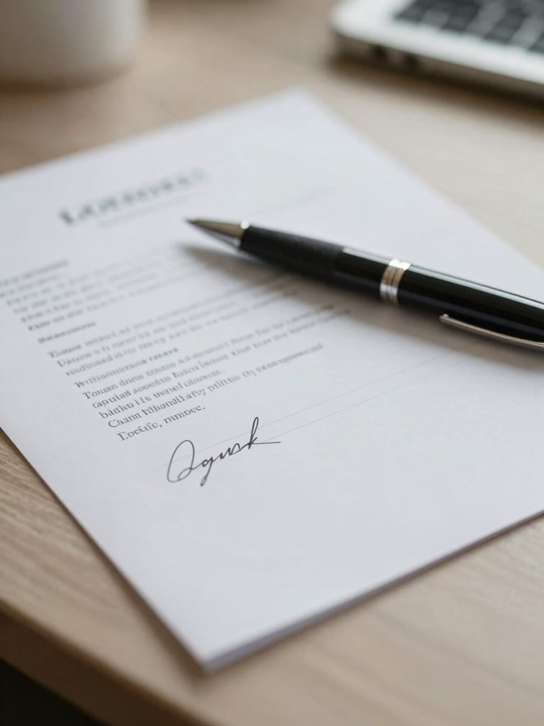 Close-up overhead shot of a pen resting on signed loan documents on a kitchen table, natural diffuse daylight, shallow depth of field on the signature line, warm neutral tones, calm and unhurried atmosphere