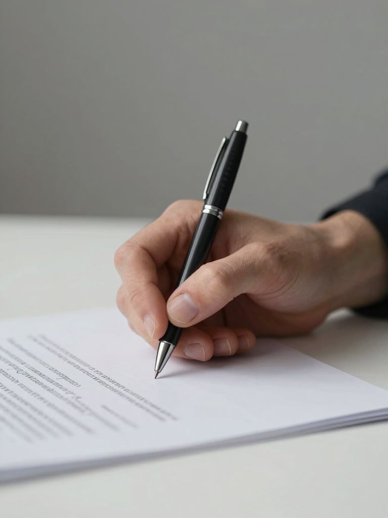 Person's hand holding a pen at the moment of signing a document on a white desk, calm diffuse studio light, shallow focus on the pen tip meeting paper, neutral grey background