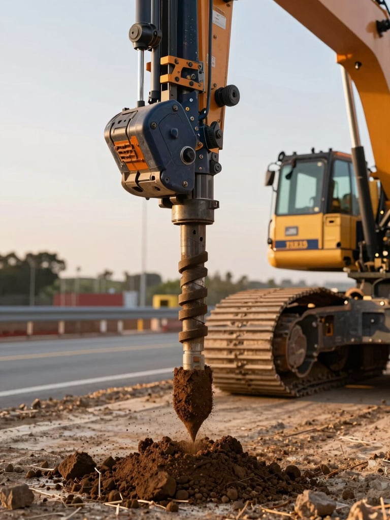 Vertical portrait shot of a core drill extracting a soil sample on a highway construction site, warm morning light, technical detail, sharp focus, 35mm