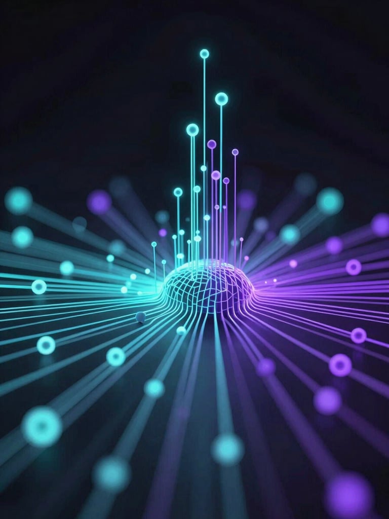 High-fidelity abstract 3D nodes representing technical architecture, glowing cyan and violet data lines, dark studio background, macro focus.