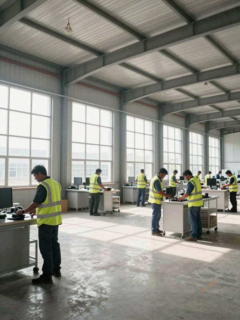A wide-angle environmental photograph of a clean, organized modern warehouse in India. Bright natural daylight streams through high windows, highlighting workers in matching high-visibility vests operating with precision.
