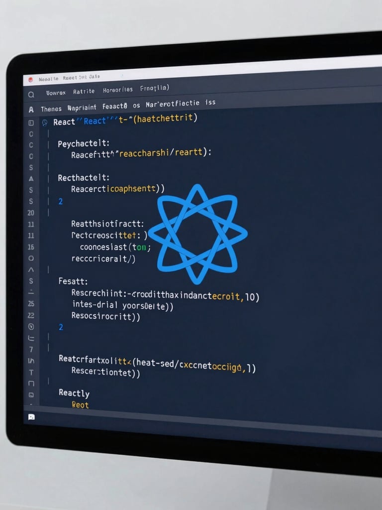 Macro shot of clean, structured React code on a high-end monitor, cool studio lighting, sharp focus, deep slate and cobalt accents