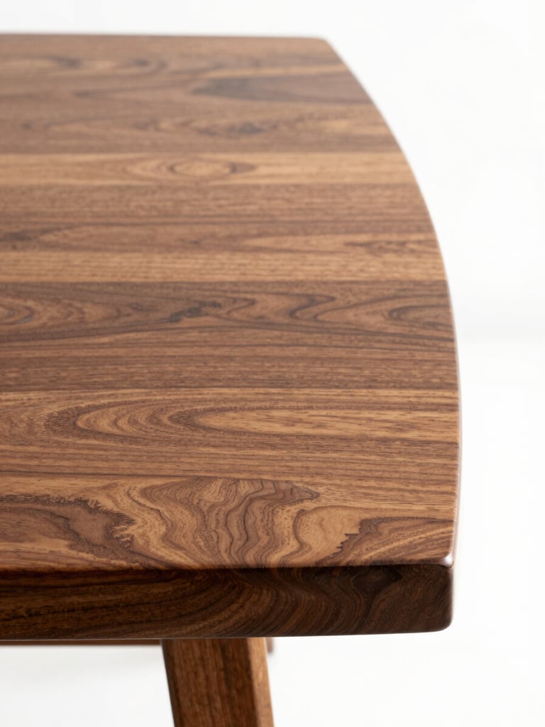 Macro close-up of teak wood grain on a custom dining table surface, honest daylight from above, joinery dovetail detail visible at the corner, white background, no props