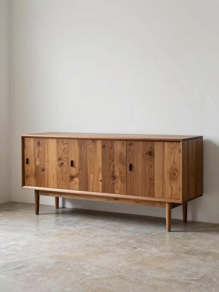 Wide environmental shot of a teak credenza against a white wall in an empty room, pale stone floor, midday even daylight from the left, grain and hardware detail visible, no decorative objects
