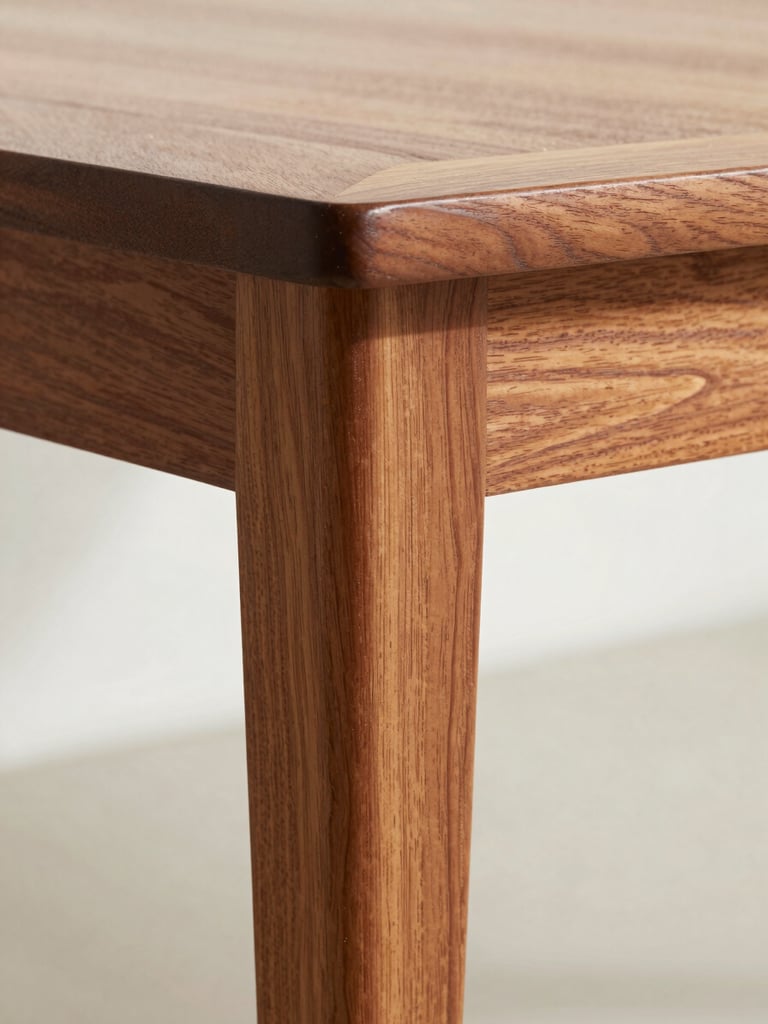 Macro close-up of a teak corner joint on a dining table leg, dovetail mortise and tenon visible, wood grain running diagonally, even north-facing daylight, white background, no other objects