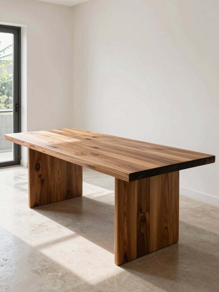 Wide environmental shot of a solid teak dining table in a Jakarta home interior, north-facing daylight streaming from the left, white walls and pale stone floor, close wood grain visible on the tabletop surface, no food or tableware, no people, honest mid-morning light