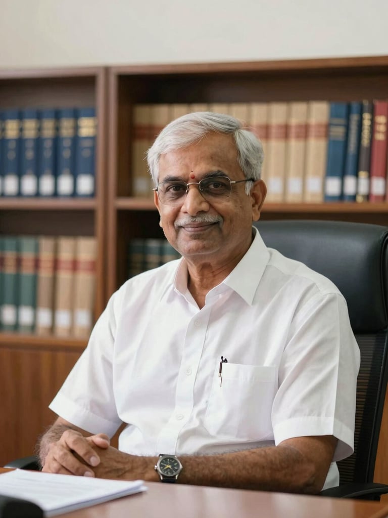 A senior Indian school administrator in a formal office setting, warm natural light, bookshelves with academic texts in the background, professional and respectful atmosphere, 35mm.