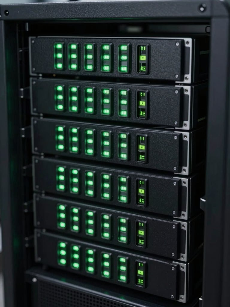 Macro shot of a sleek black server rack with bright green LED lights glowing in a dark data center, representing isolated database storage, 35mm, sharp focus