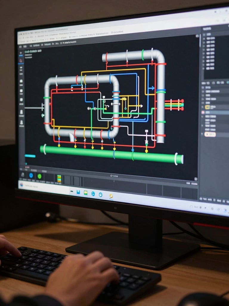 Close-up of a widescreen monitor in a dark project room displaying a complex MEP 3D model with mechanical ductwork and pipe runs color-coded by system, a hand resting on the desk near the keyboard, monitor glow illuminating the immediate workspace, tight framing that fills the frame with model detail
