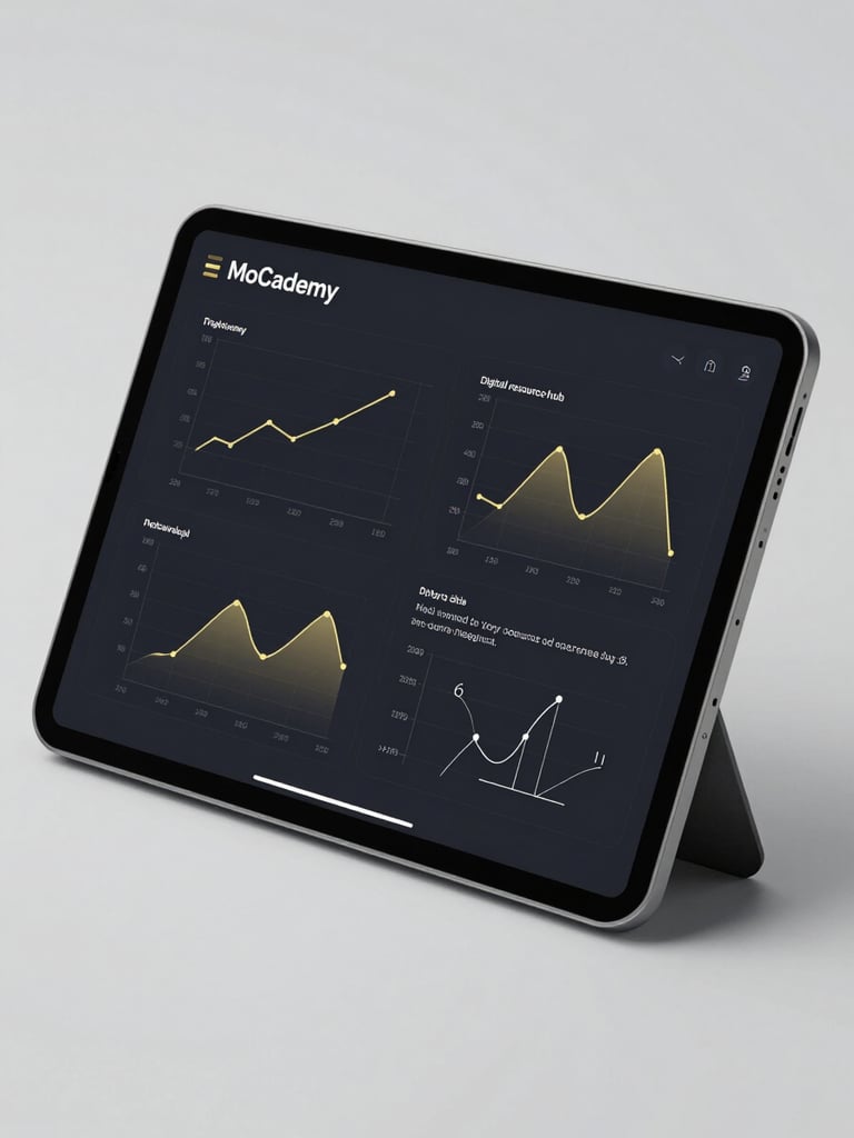 Sleek UI mockup of MoCademy digital resource hub on a tablet screen, high-contrast dark mode interface with clean mathematical graphs and gold highlights, crisp studio lighting