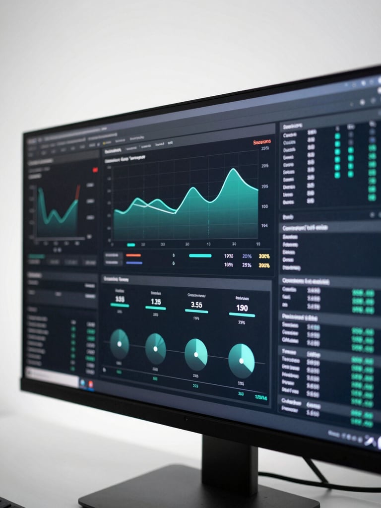 Extreme close-up of a widescreen monitor displaying a live analytics dashboard — sessions, conversion rate, and cost-per-acquisition metrics highlighted in teal against a dark UI, cool white studio light, no reflections, tight crop on the screen only
