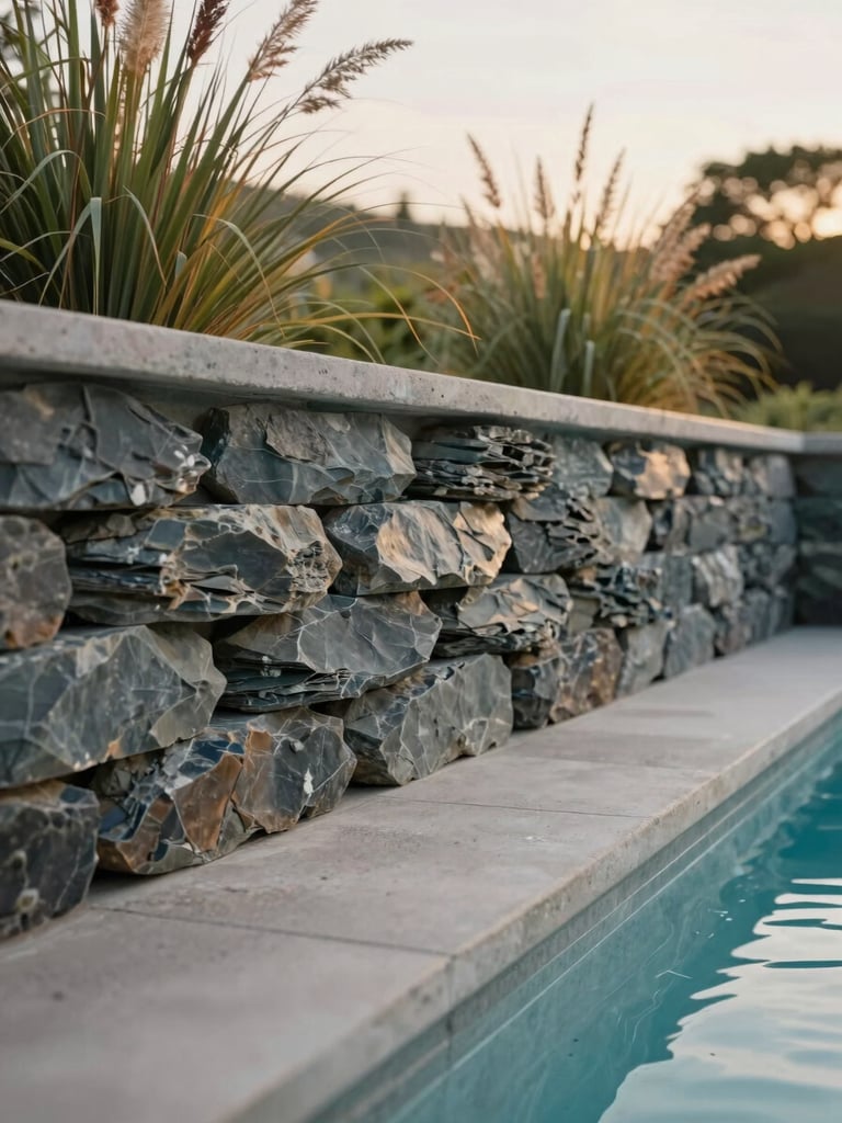 Close-up of finished slate masonry meeting a clean concrete pool edge, framed by architectural ornamental grasses, soft overcast morning light