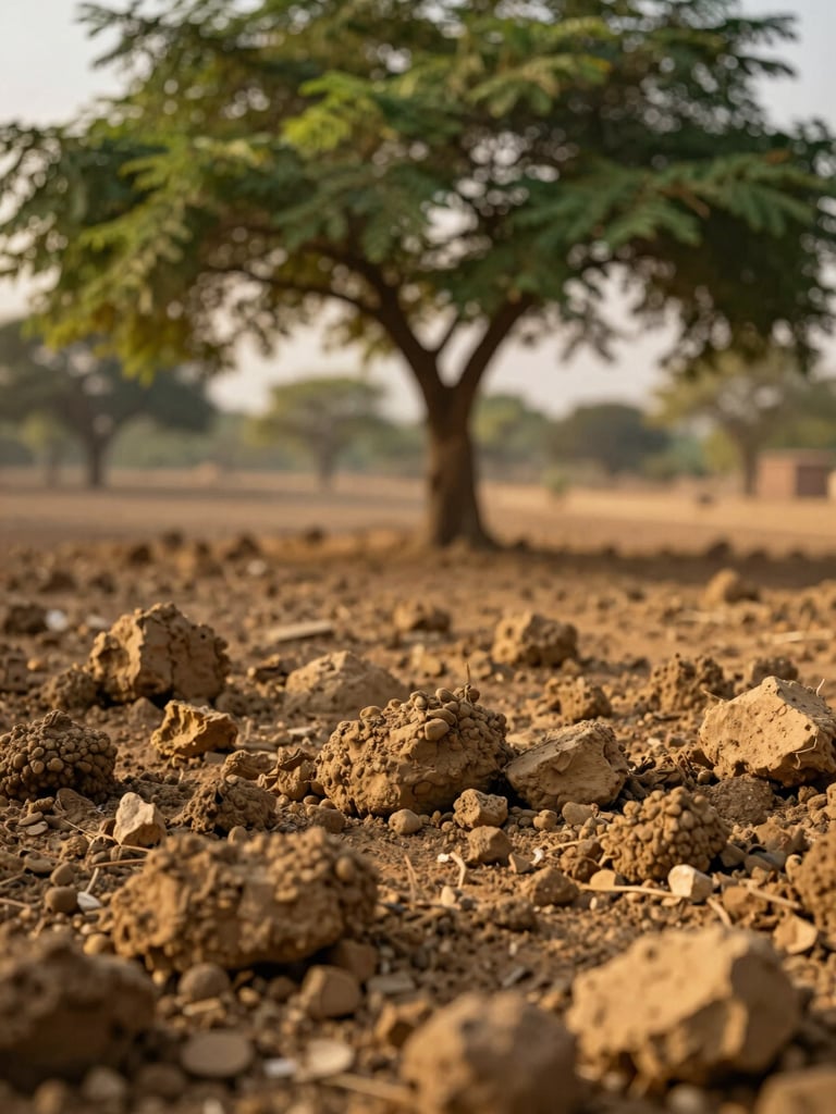 Close-up of rich Rajasthan desert clay soil under a moringa tree, warm morning light, organic texture, shallow depth of field.