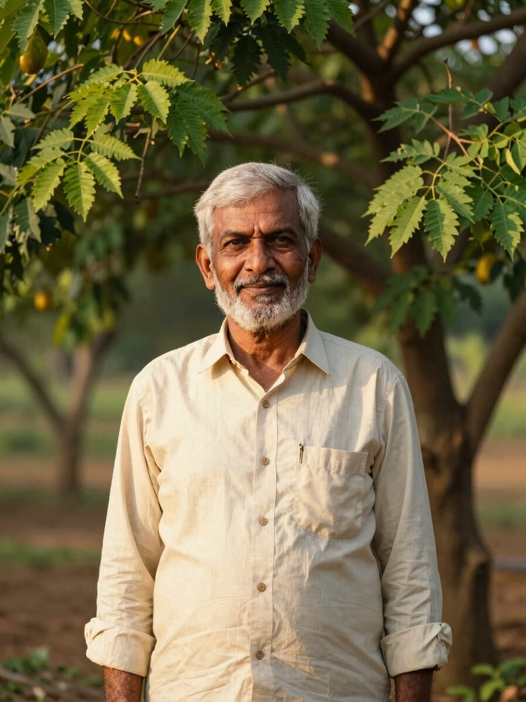 Warm editorial portrait of founder Narendra Singh standing among moringa trees at Chitawa Organic Farms, soft morning light, authentic unposed look, 35mm.