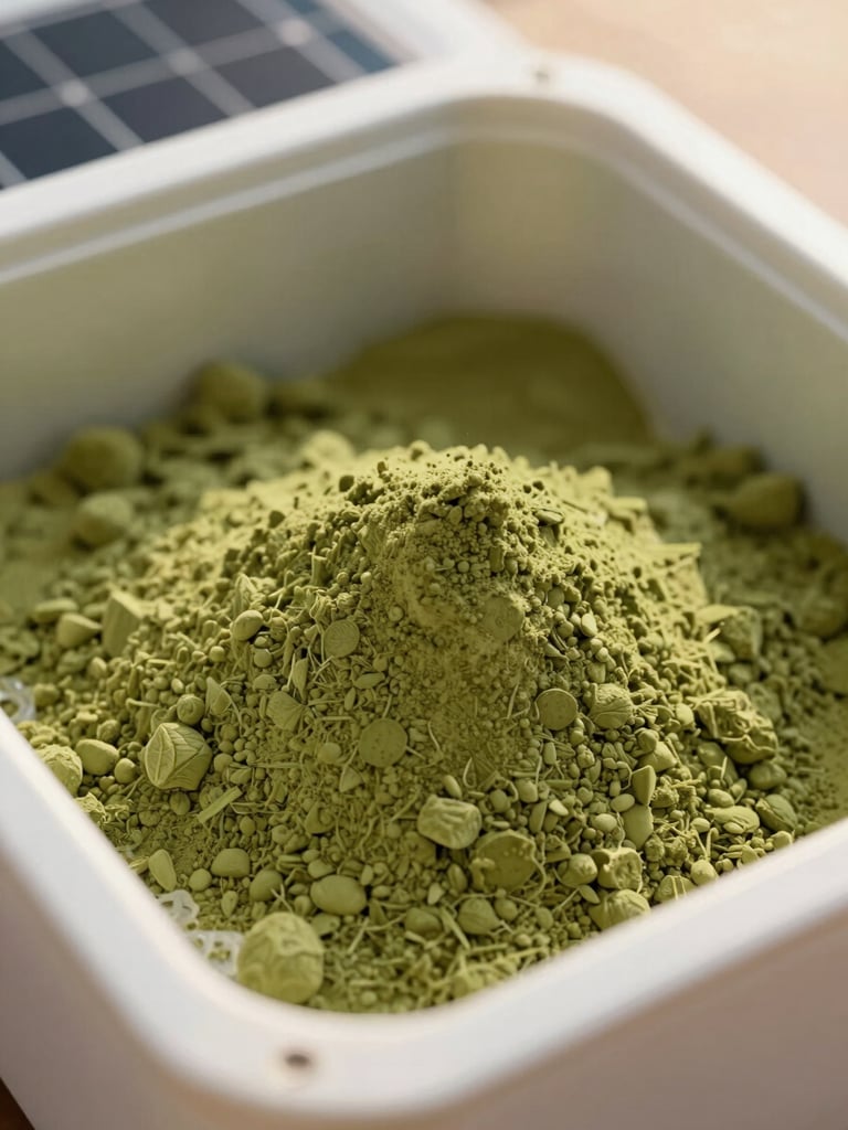 Close-up of vibrant green Moringa powder being sifted inside a pristine, solar-powered drying chamber, soft diffused light, 35mm