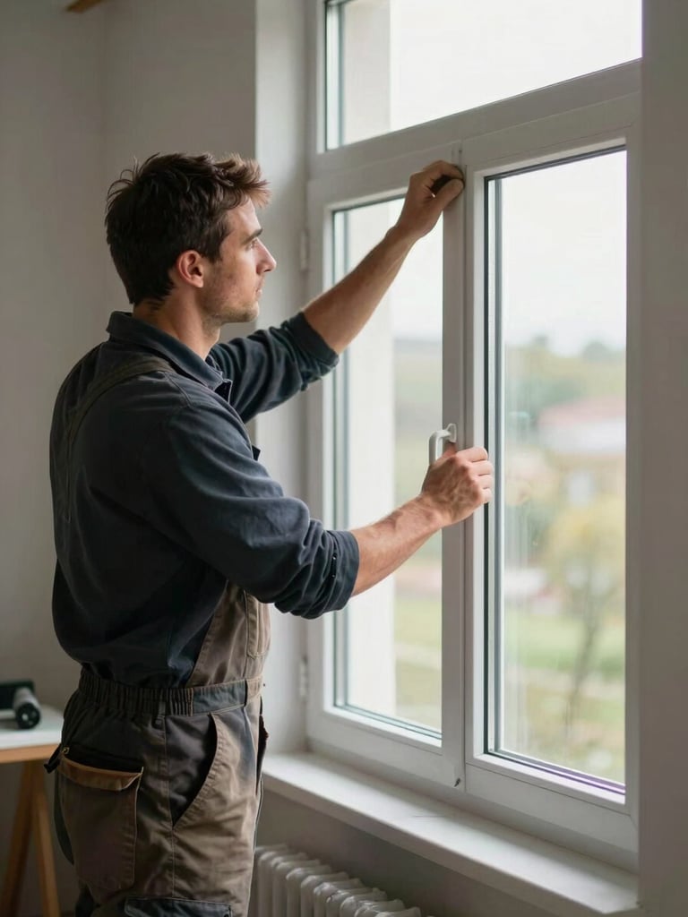 A worker in clean canvas work pants aligning a newly installed double-hung window frame, natural daylight.