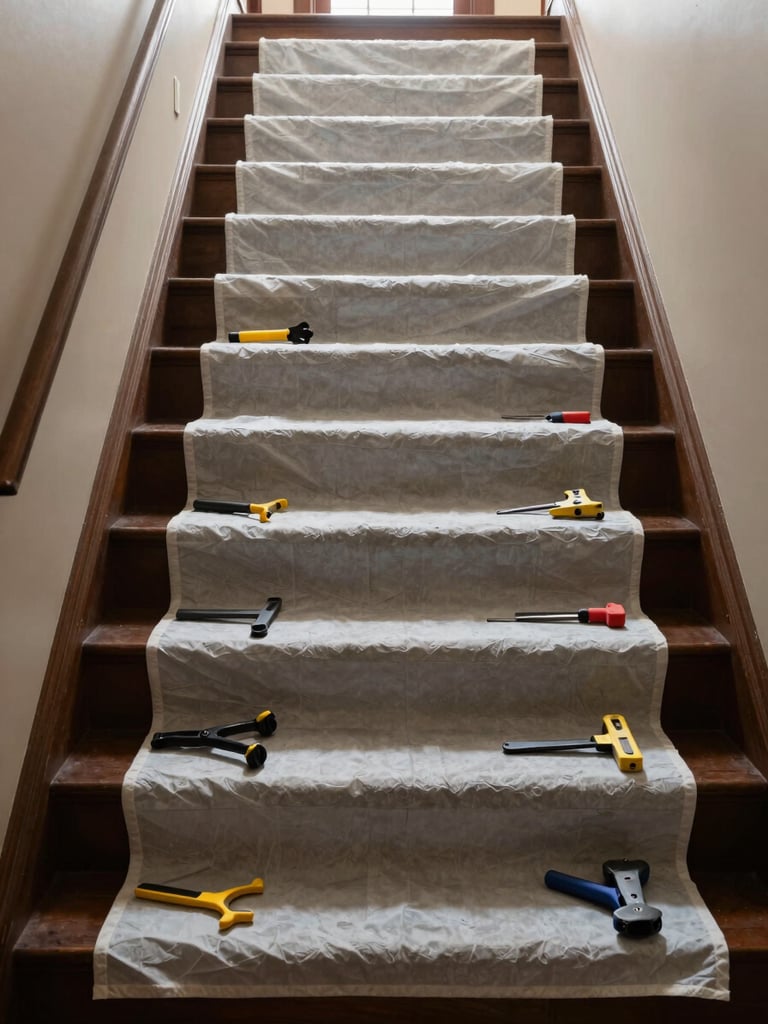 A tidy work site inside a colonial home, protective drop cloths neatly laid over stairs, tools organized.
