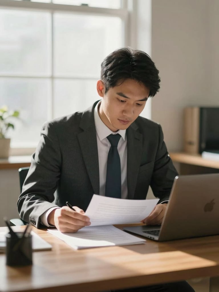 A professional administrative attorney reviewing legal documents at a wooden desk, warm office interior, soft natural light, shallow depth of field, 35mm.