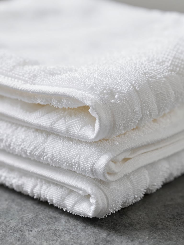 Macro shot of stacked white cotton towels showing clean folded edges, bright diffused overcast daylight, neutral white and slate tones