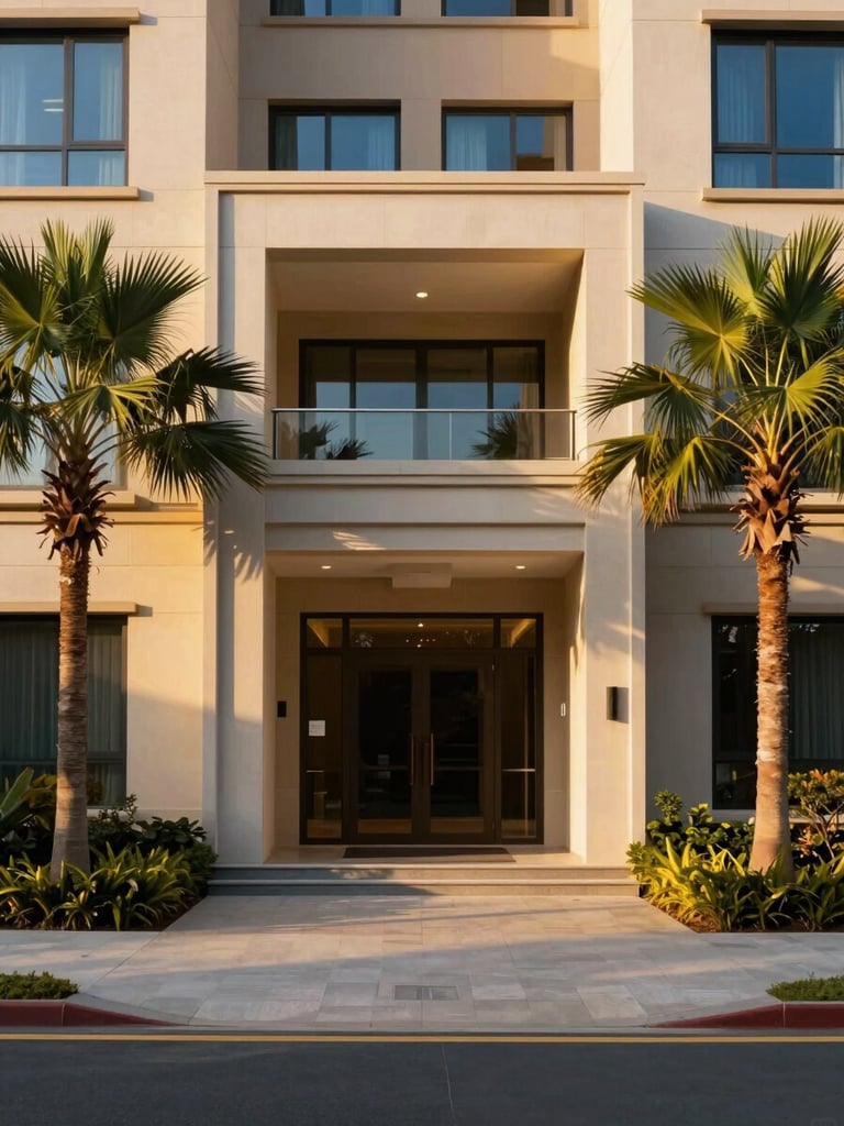 Symmetrical clean perspective of a modern residential building entrance, warm golden-hour sunlight, native palms, elegant minimal architecture, 35mm lens