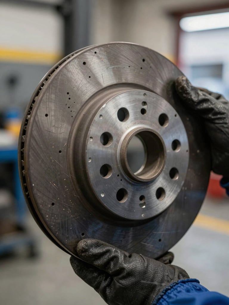Close-up of a worn brake disk held vertically in a technician's gloved hands against a shop floor background, scoring marks visible on the rotor surface, natural ambient light
