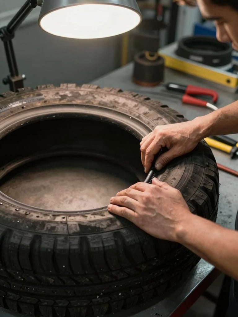 Technician's hands pressing a tire patch onto the inner liner of a dismounted tire on a workbench, bright ambient overhead shop light, tools visible in background, no face shown