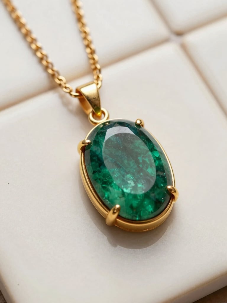 Macro portrait close-up of a single statement necklace laid on a cream ceramic tile — deep emerald oval stone set in a warm gold bezel, chain links visible at top, diffused bright daylight from above, revealing every surface detail and material quality