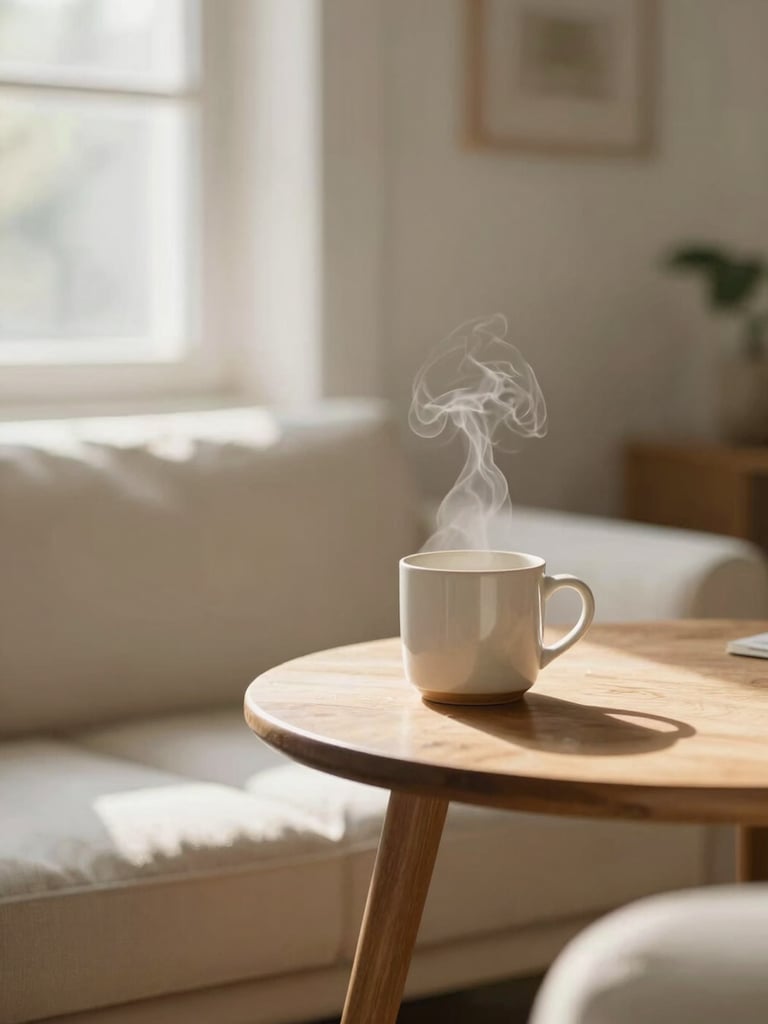 A cozy, warm consultation room with soft cream textiles, a wooden table, a ceramic mug with steam, and soft morning sunlight streaming through a window, shallow depth of field