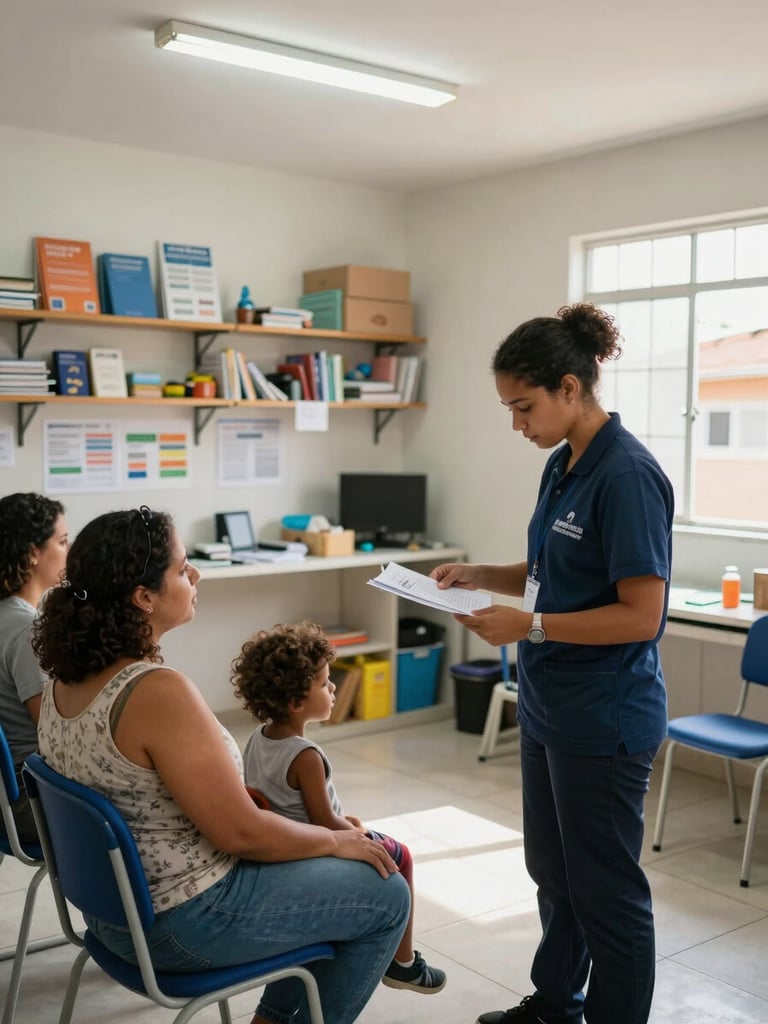 Environmental wide shot inside a community service room in Liberdade neighborhood, a staff member reviewing documents with a seated mother, child nearby on a chair, honest fluorescent and window light, context-rich background showing shelves and program materials