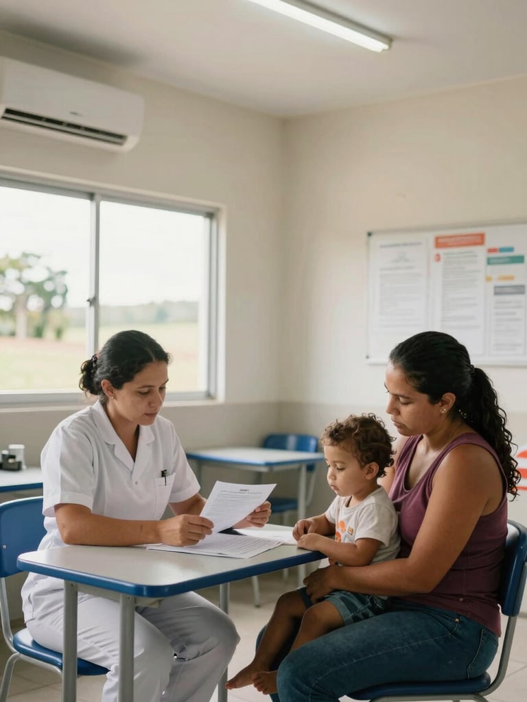 Wide environmental shot inside a community health room in Parauapebas: a nurse seated beside a mother holding a young child, reviewing paperwork together on a small table, natural daylight from a side window, honest institutional lighting, mid-distance framing showing the full room context, no posed smiling, real interaction in progress