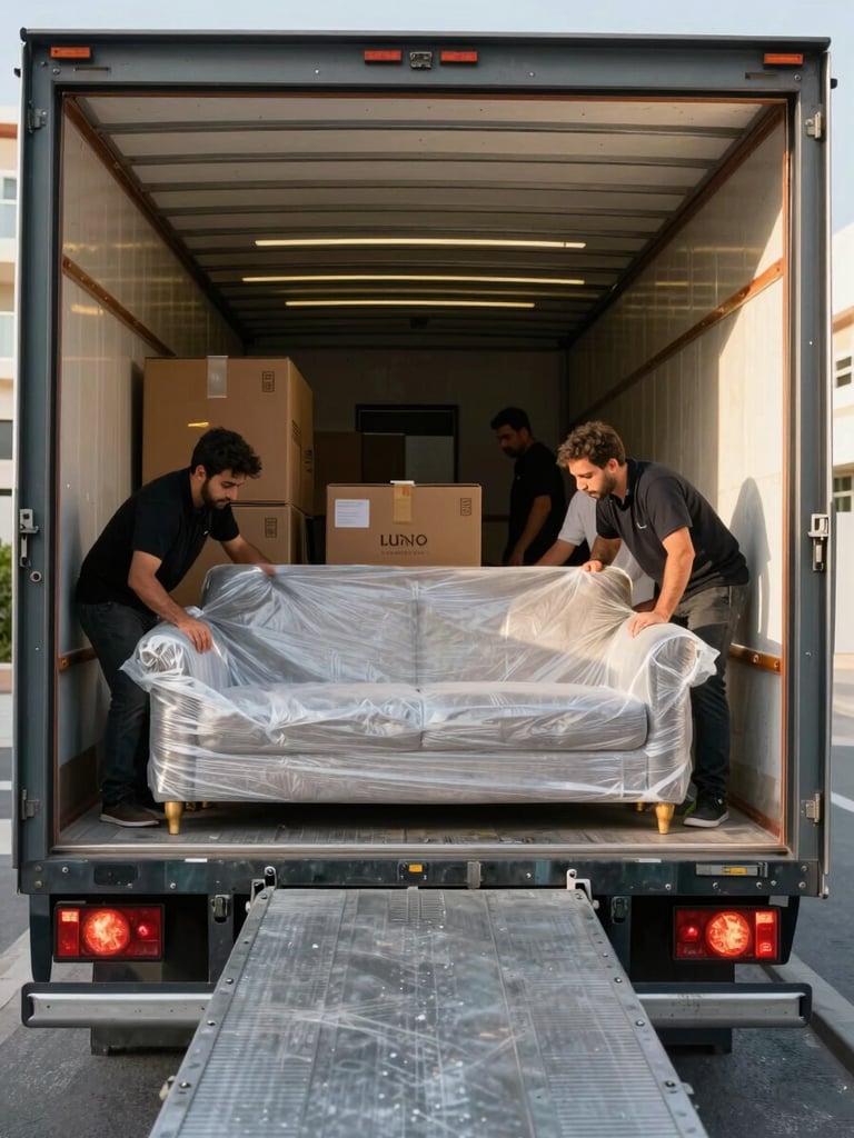 Wide documentary shot — moving crew securing furniture wrap on a large sofa in the back of an open moving truck, natural afternoon daylight streaming from the right, steel ramp edge visible in foreground, labeled boxes stacked with precision behind the crew, Abu Dhabi residential building visible through the open truck doors in background