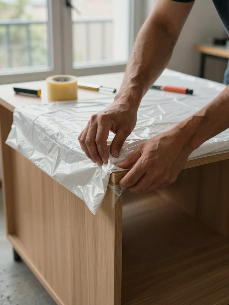 Close-up medium shot of a moving crew member's hands carefully wrapping a wooden cabinet corner with padded blanket and stretch film, natural daylight through an apartment window, concrete floor visible below, tools and packing tape in background