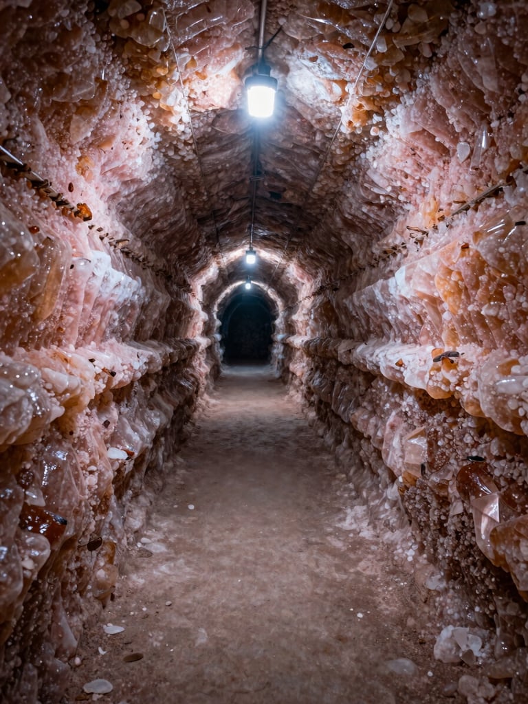 Wide shot looking into the Khewra salt mine tunnel, cool overhead lighting illuminating pink and amber salt crystal walls, a long straight passage receding into darkness, no people, documentary industrial framing