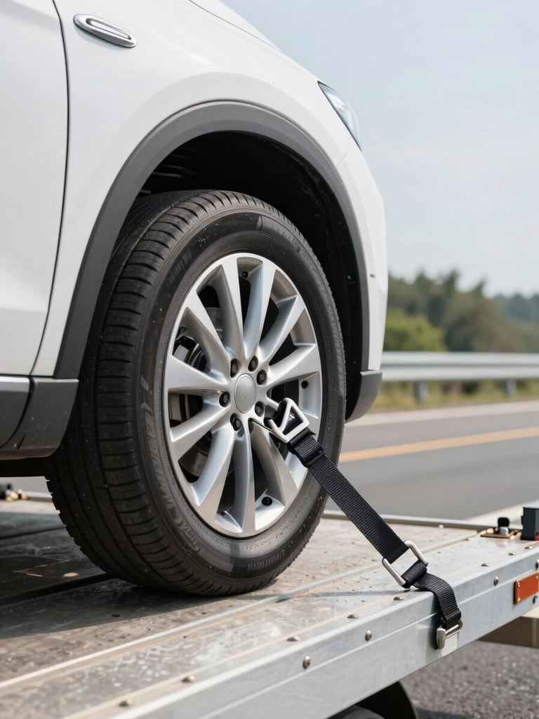 Close-up of secure heavy-duty tie-down straps locking a clean vehicle wheel onto a metal transport trailer, bright crisp daylight, professional automotive detail