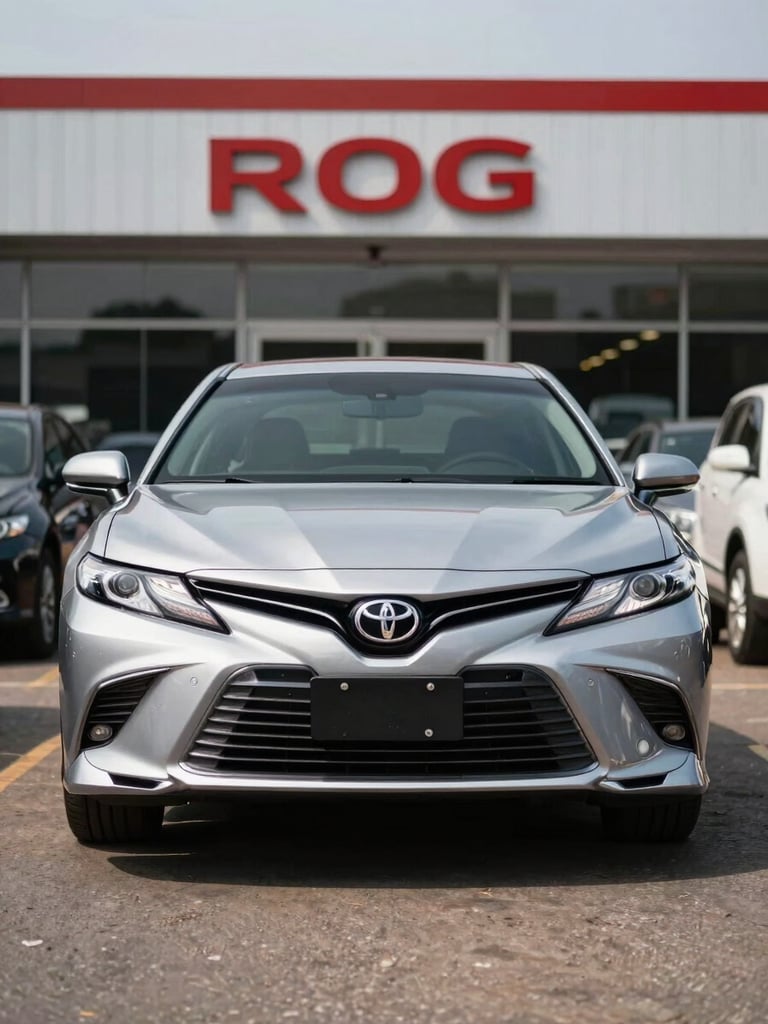 Wide three-quarter front view of a clean silver Toyota Camry on a bright daylight dealership forecourt in Accra, tarmac visible, showroom signage softly out of focus in background, no people