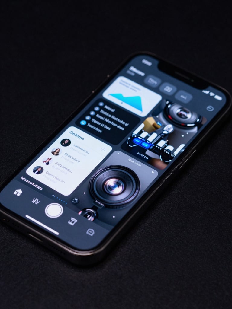 High-fidelity interactive UI mockup on a physical iPhone screen, low-key studio lighting with sharp neon blue key lights, extreme close-up showing micro-interactions.