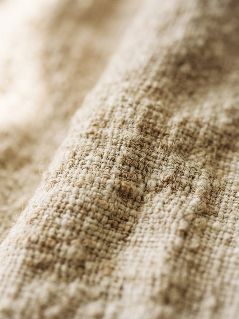 Close-up of soft organic linen texture, warm beige and ivory tones, diffused morning light, shallow depth of field.