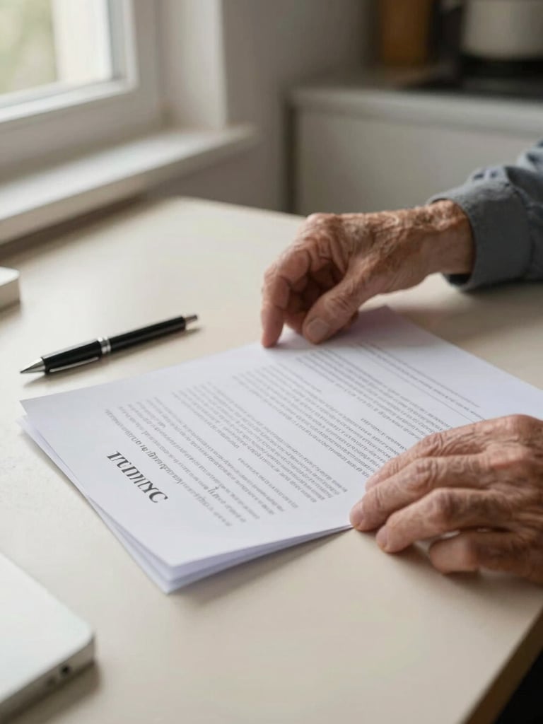 Close-up of aged hands turning pages of an insurance document on a kitchen table, soft north-facing daylight from a window to the left, pen resting beside the papers, warm cream surface visible