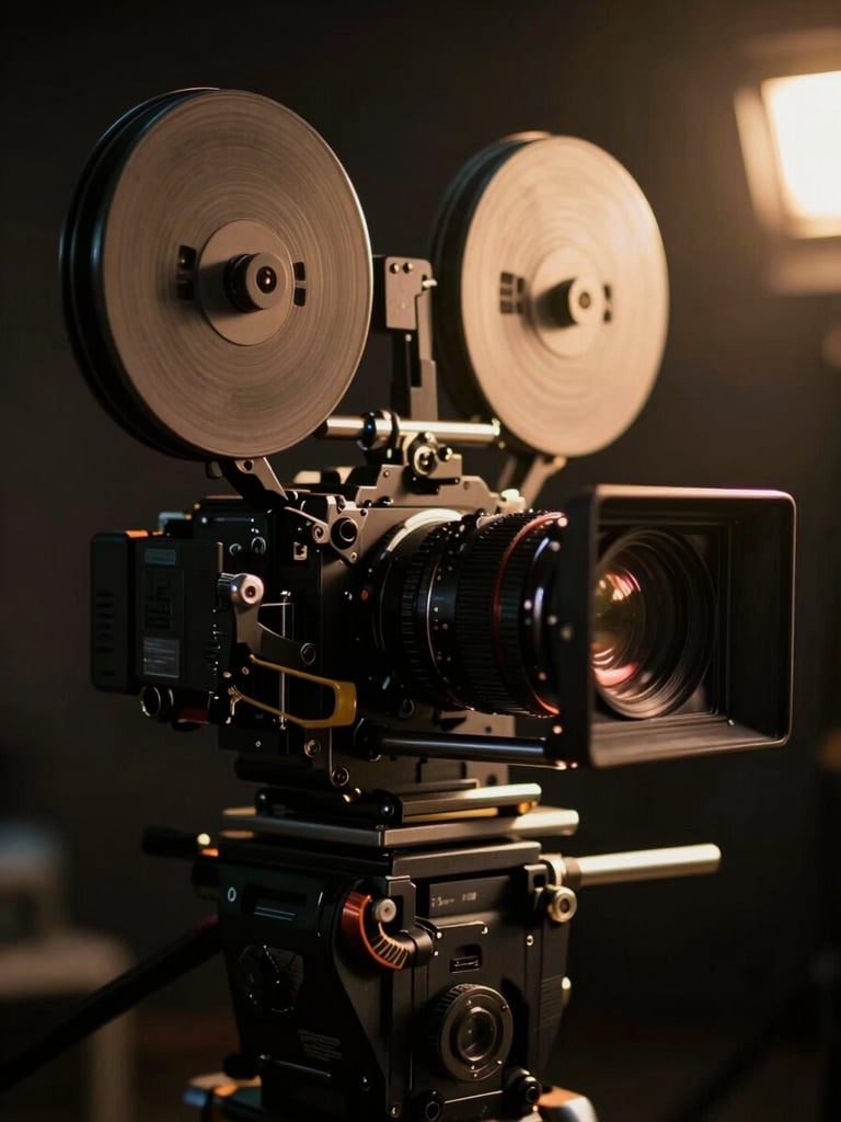 Cinematic close-up of a professional 35mm film camera rig on a dark set, golden-hour light catching the lens flare, shallow depth of field.