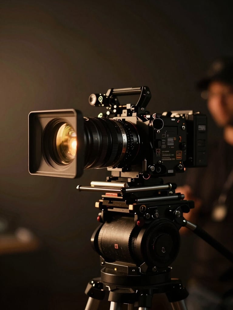 Cinematic behind-the-scenes shot of a high-end camera rig on a dark, moody film set, warm golden-hour lighting hitting the lens, anamorphic flare, shallow depth of field, 35mm