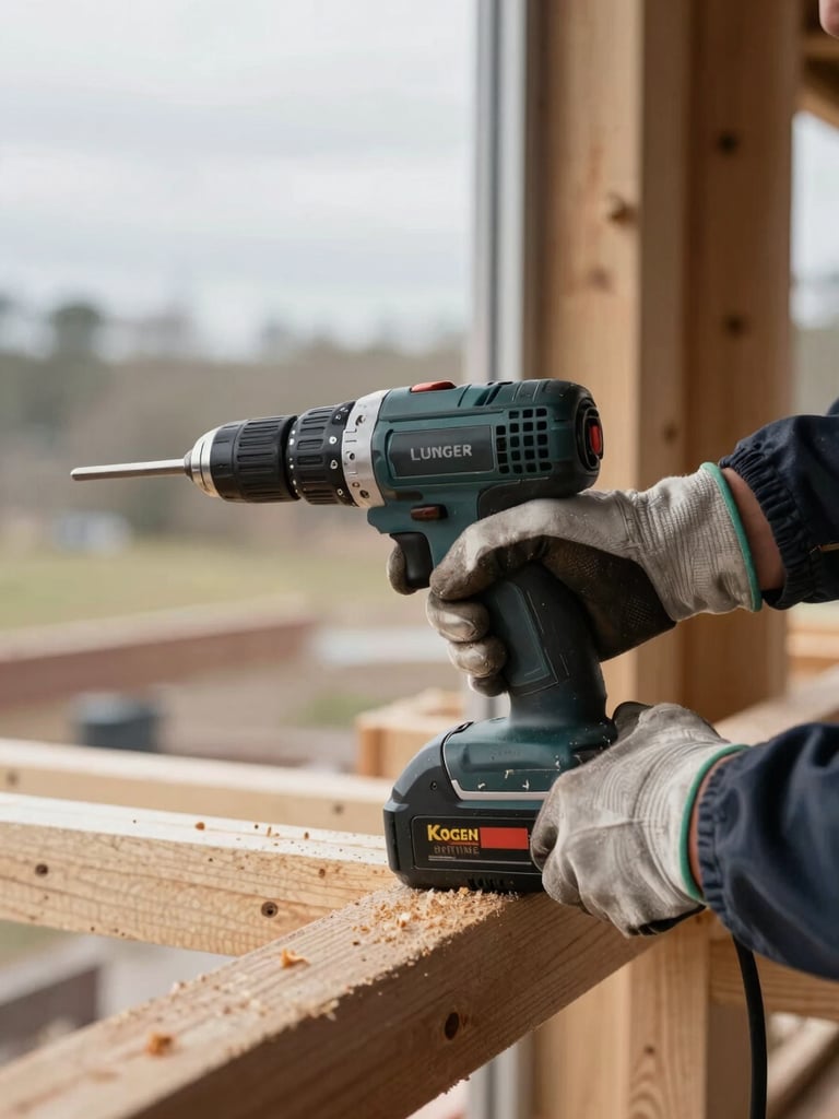 Close-up of a trades worker's gloved hands gripping a cordless power drill mid-use on a timber frame, natural overcast daylight from a site window, wood shavings visible on the floor, raw construction environment in the background