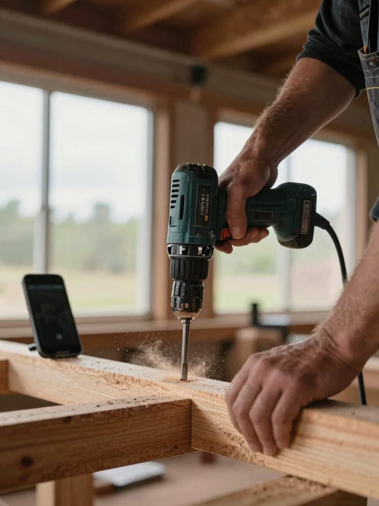 Close-up of a tradesperson's hands operating a power drill on timber framing, phone propped nearby capturing the work, natural overcast daylight from a site window, sawdust visible mid-air, raw workshop environment