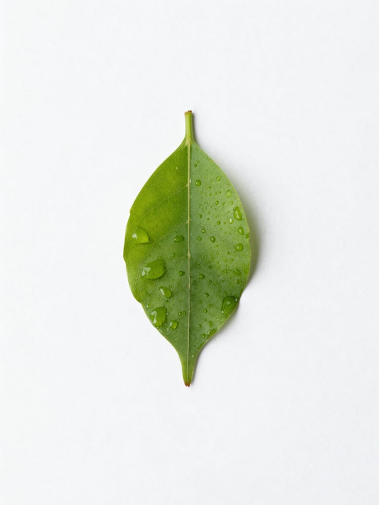 Crisp macro photograph of a single resilient green leaf with morning dew, soft diffused natural daylight, clean white background, high negative space