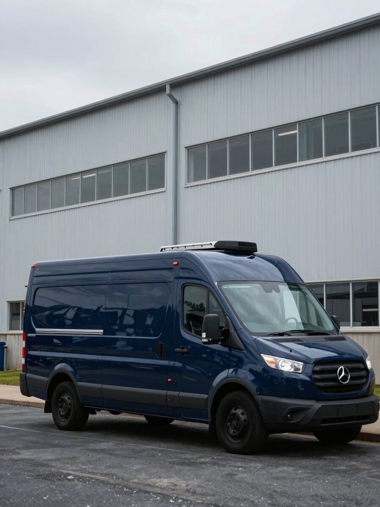 A secure transport vehicle parked outside a modern industrial facility in Stafford, Virginia, cool overcast daylight, sharp focus