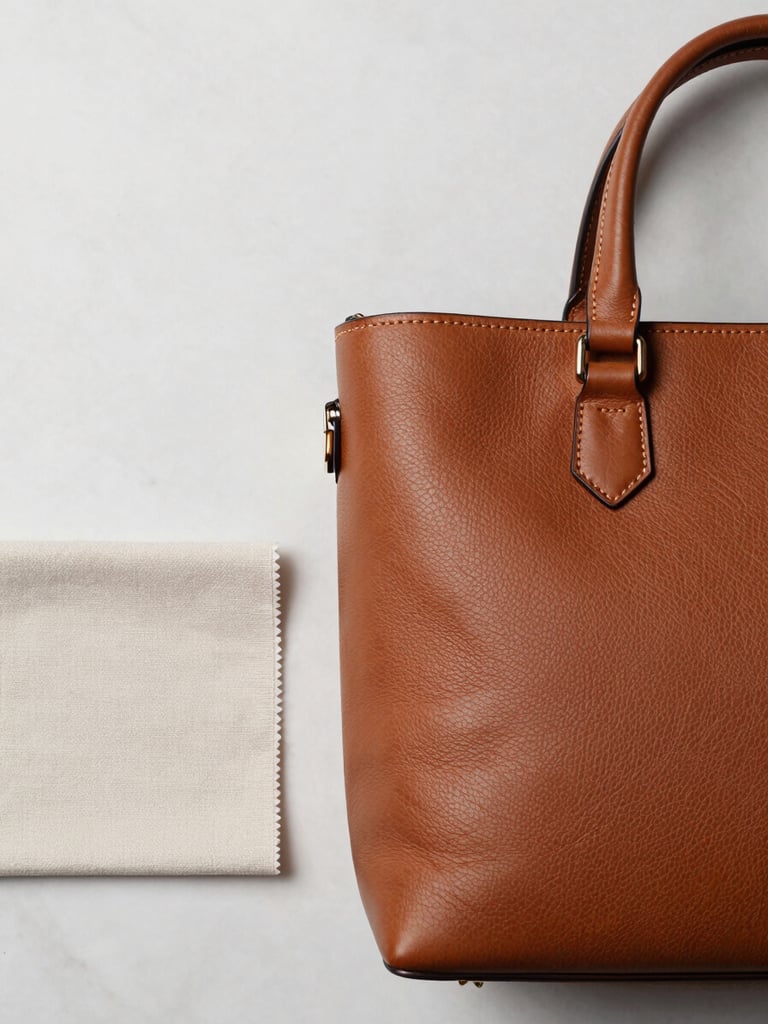 Close overhead flat-lay on a white marble surface: a structured leather handbag with visible stitching detail at the seam, hardware clasp in focus under bright controlled studio light, small swatch of fabric beside it showing texture comparison, clean negative space to the left